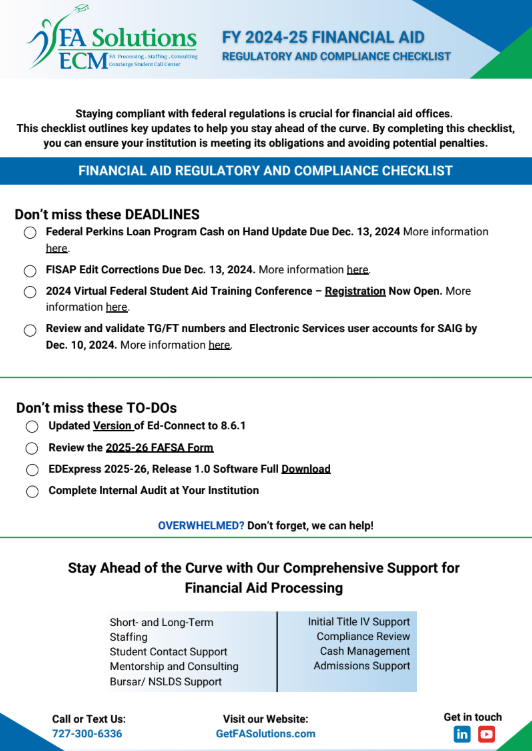 FA Solutions FY 2024-25 Financial Aid Regulatory and Compliance Checklist
